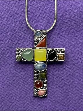 Vintage .925 sterling silver multi gemstone mosaic cross necklace 24 inch